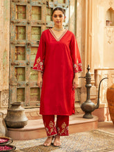 Chanderi Red Kurta with Pants Embroidered Set